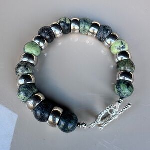 Handmade African Turquoise Stone Green and Silver Beaded Bracelet